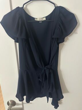 LOFT Navy Flutter-Sleeve Wrap Blouse